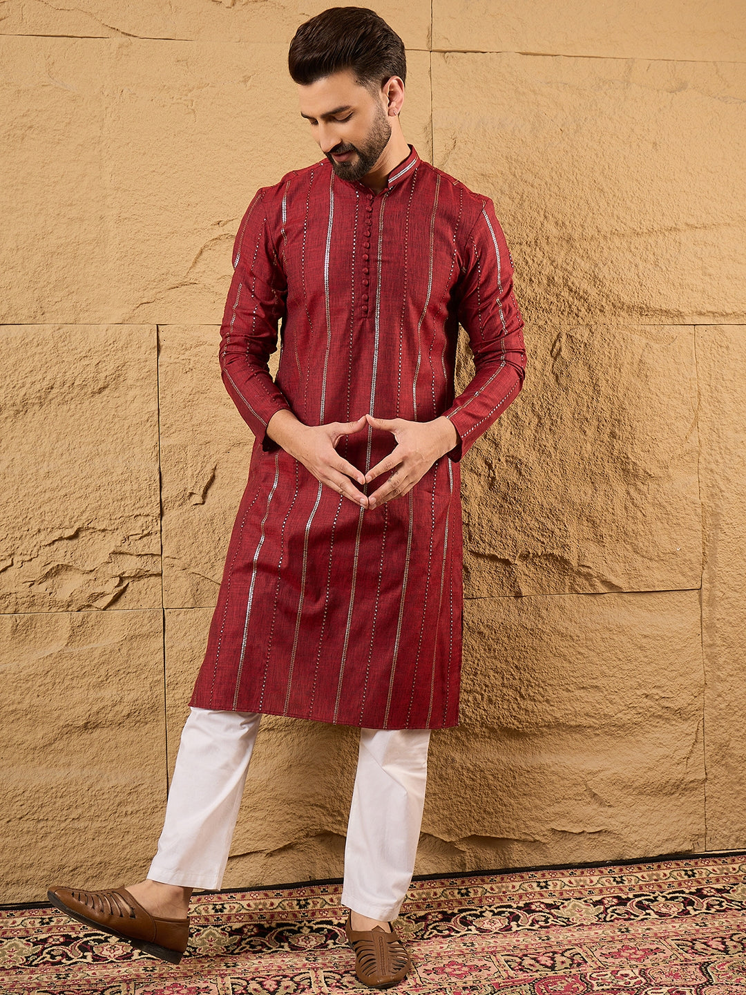 Men Maroon Pure Cotton Solid Embroidered Straight Kurta with Trousers-MKSET1124