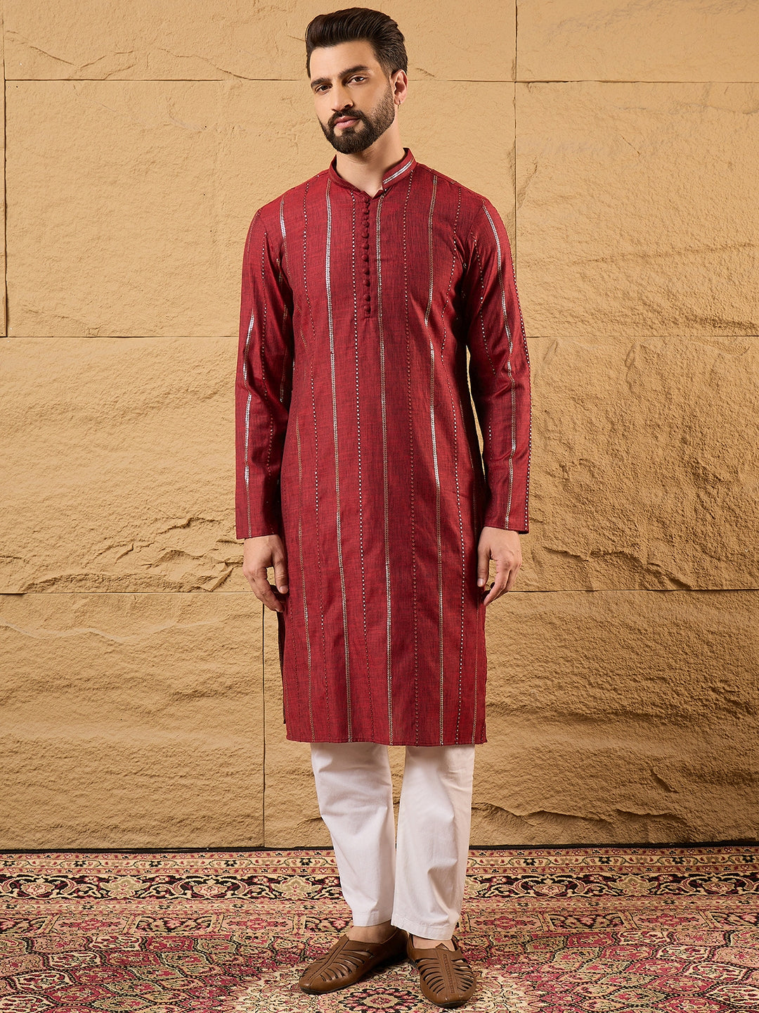 Men Maroon Pure Cotton Solid Embroidered Straight Kurta with Trousers-MKSET1124
