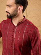 Men Maroon Pure Cotton Solid Embroidered Straight Kurta with Trousers-MKSET1124