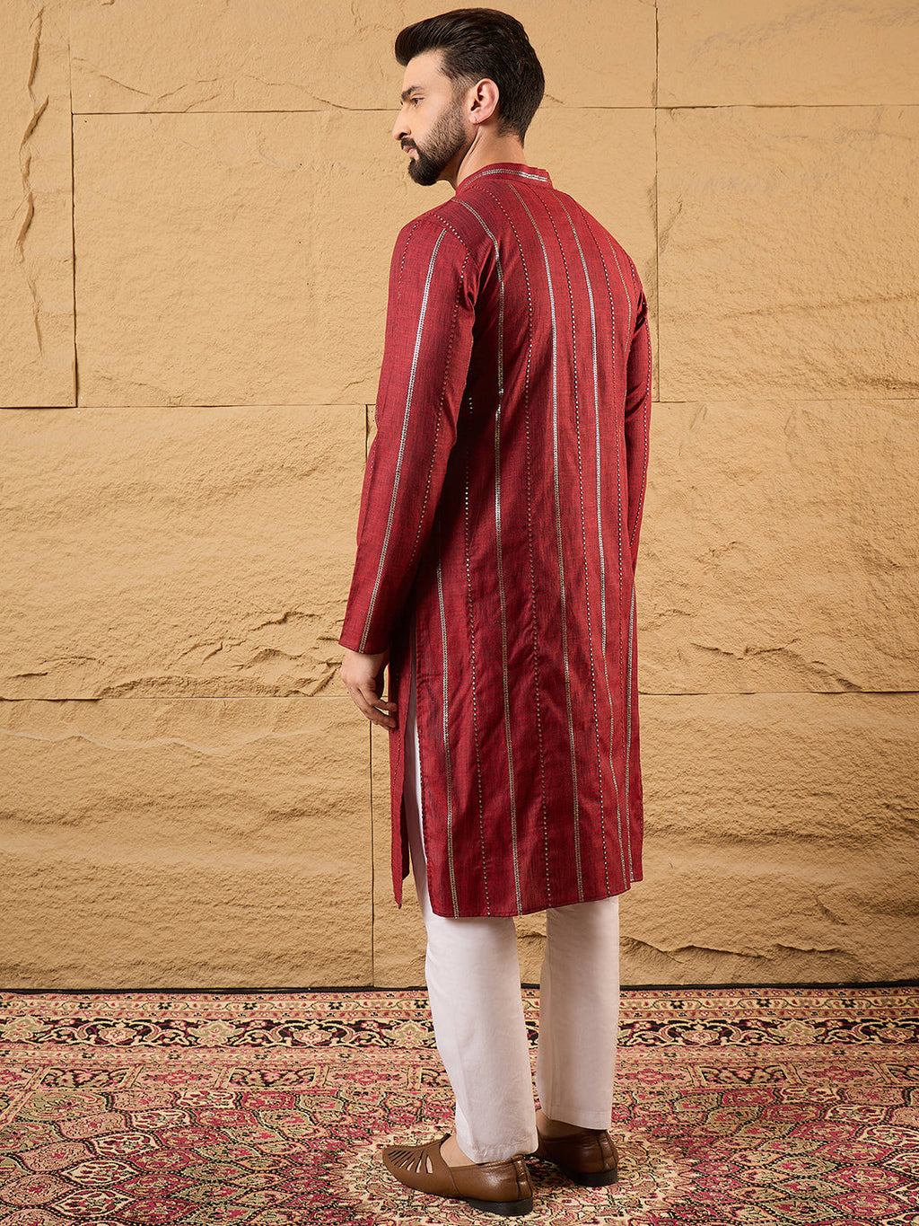 Men Maroon Pure Cotton Solid Embroidered Straight Kurta with Trousers-MKSET1124
