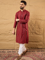 Men Maroon Pure Cotton Solid Embroidered Straight Kurta with Trousers-MKSET1124