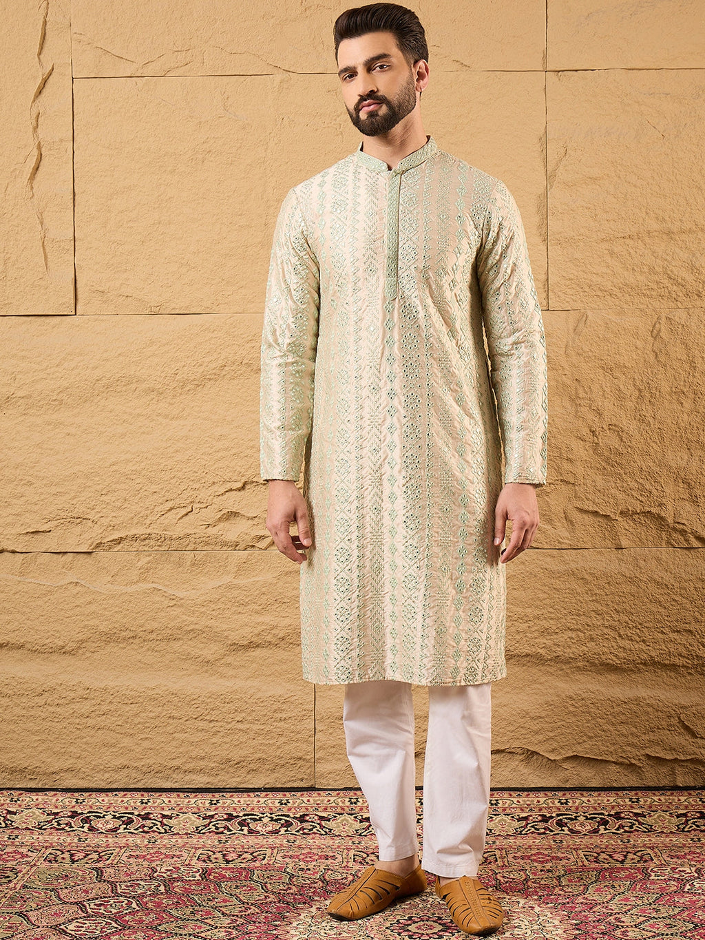 Men Off White Silk Blend Solid Embroidered Straight Kurta with Trouser-MKSET1127