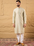 Men Off White Silk Blend Solid Embroidered Straight Kurta with Trouser-MKSET1127