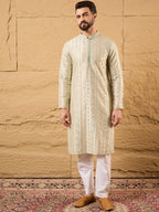 Men Off White Silk Blend Solid Embroidered Straight Kurta with Trouser-MKSET1127