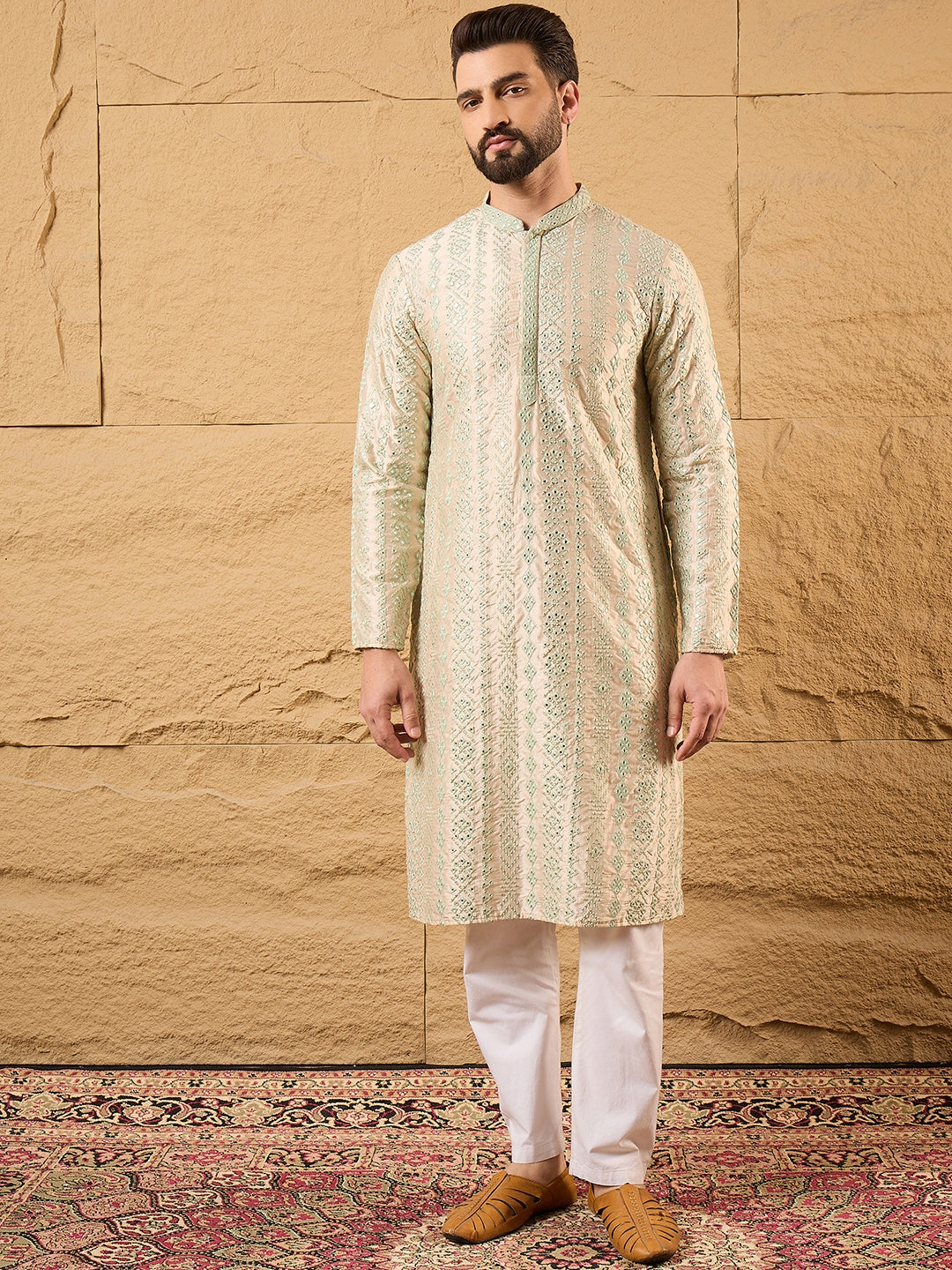 Men Off White Silk Blend Solid Embroidered Straight Kurta with Trouser-MKSET1127