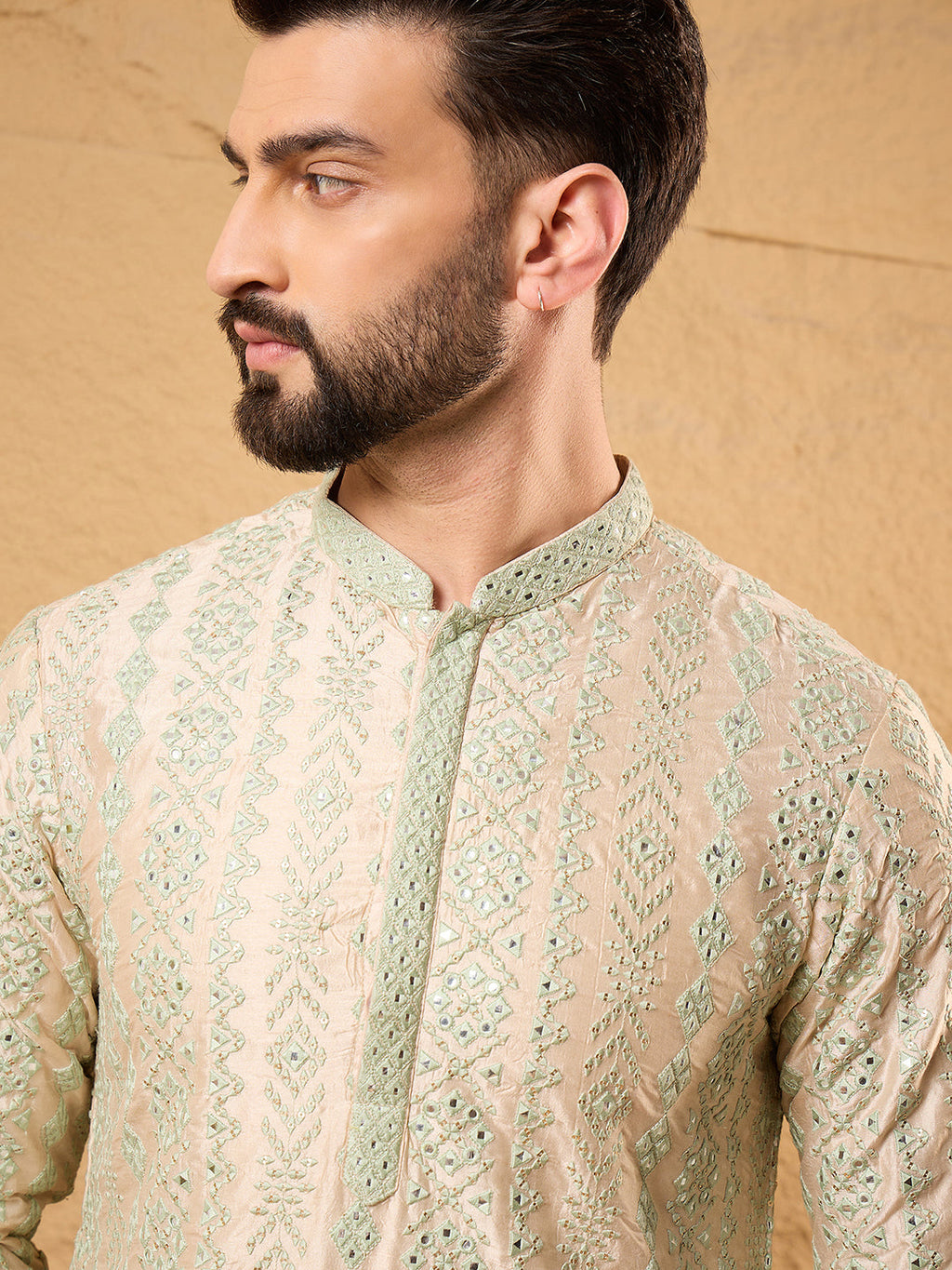 Men Off White Silk Blend Solid Embroidered Straight Kurta with Trouser-MKSET1127