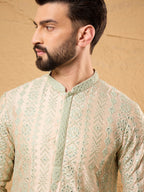 Men Off White Silk Blend Solid Embroidered Straight Kurta with Trouser-MKSET1127