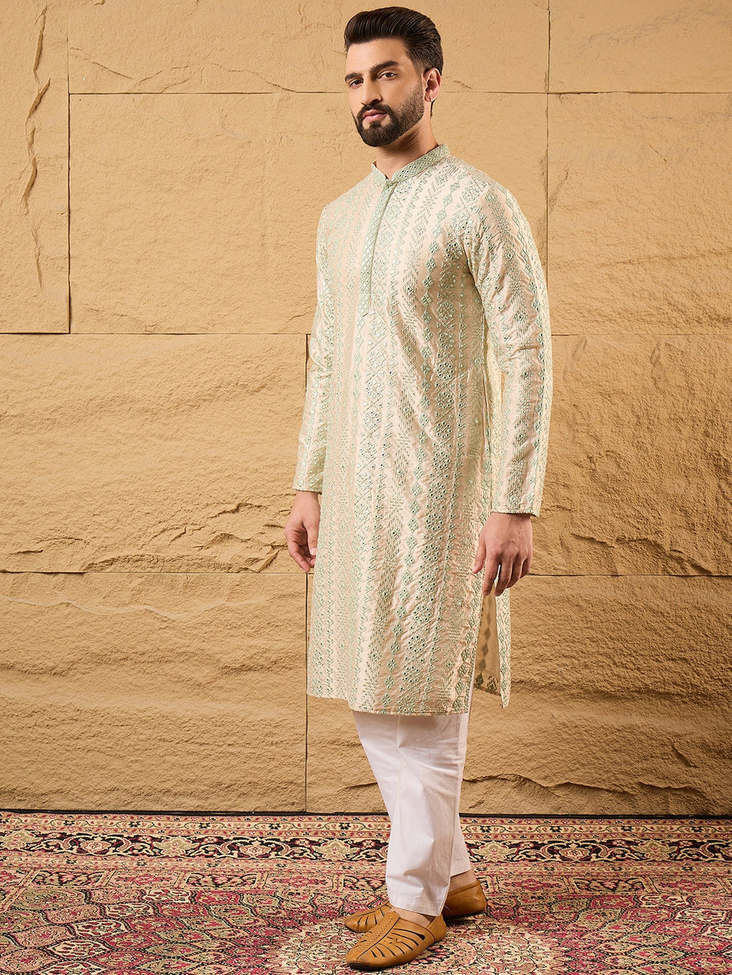 Men Off White Silk Blend Solid Embroidered Straight Kurta with Trouser-MKSET1127