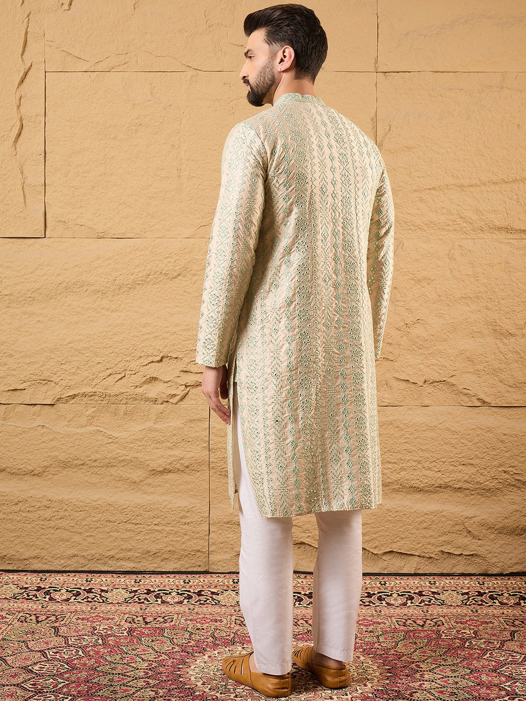 Men Off White Silk Blend Solid Embroidered Straight Kurta with Trouser-MKSET1127