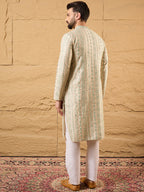 Men Off White Silk Blend Solid Embroidered Straight Kurta with Trouser-MKSET1127