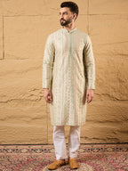 Men Off White Silk Blend Solid Embroidered Straight Kurta with Trouser-MKSET1127