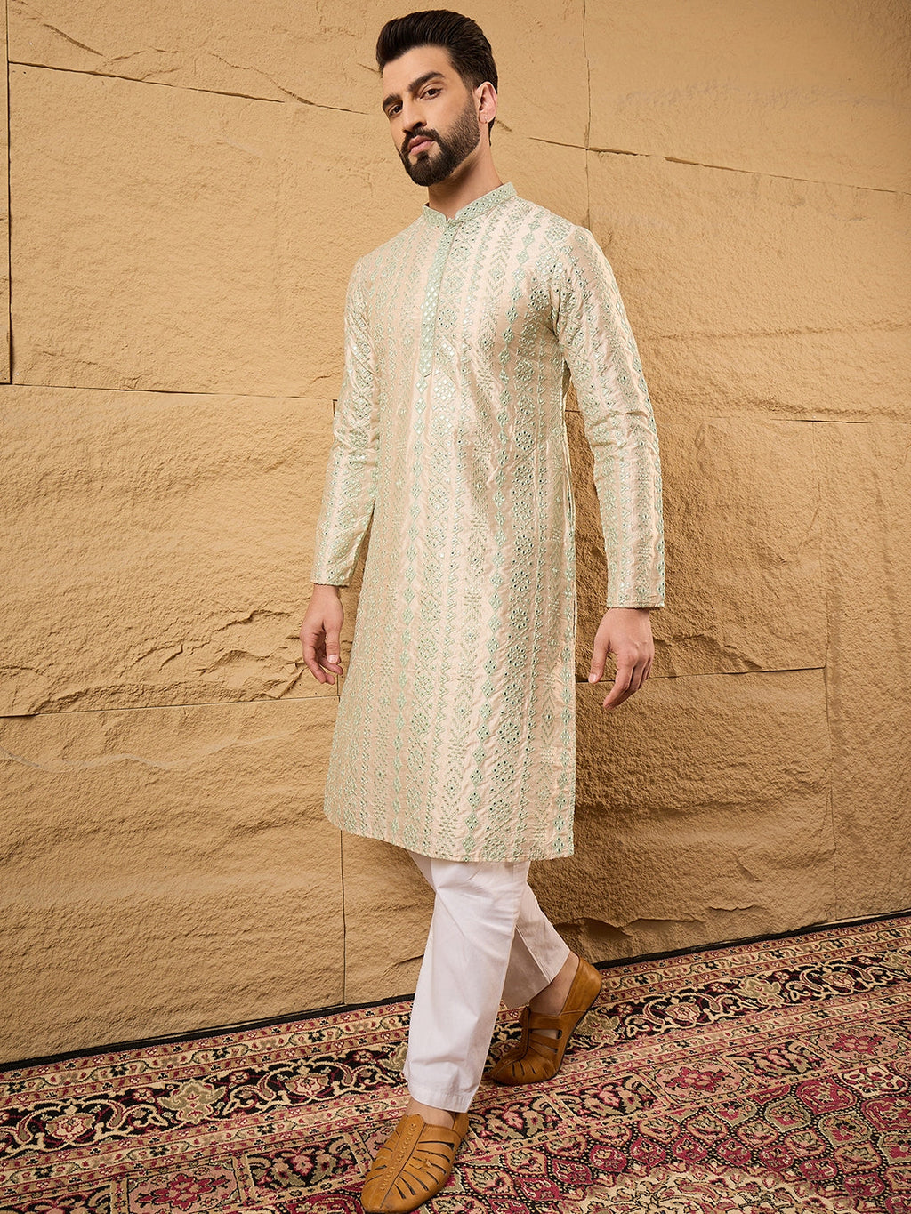 Men Off White Silk Blend Solid Embroidered Straight Kurta with Trouser-MKSET1127