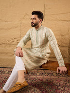 Men Off White Silk Blend Solid Embroidered Straight Kurta with Trouser-MKSET1127