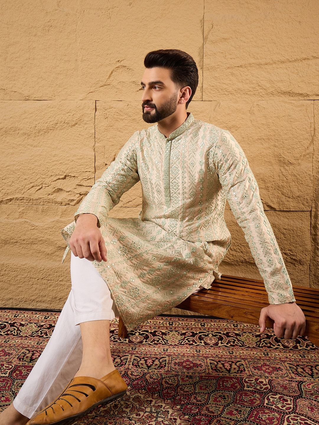 Men Off White Silk Blend Solid Embroidered Straight Kurta with Trouser-MKSET1127