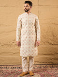 Men Off White Silk Blend Solid Embroidered Straight Kurta with Trouser-MKSET1130
