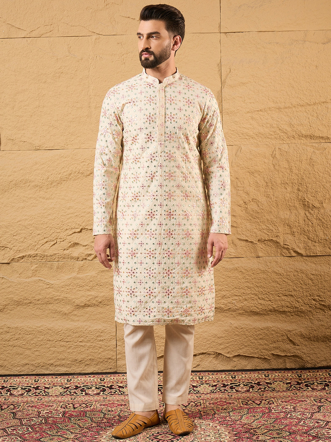 Men Off White Silk Blend Solid Embroidered Straight Kurta with Trouser-MKSET1130