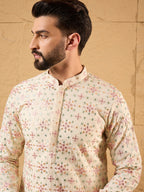 Men Off White Silk Blend Solid Embroidered Straight Kurta with Trouser-MKSET1130