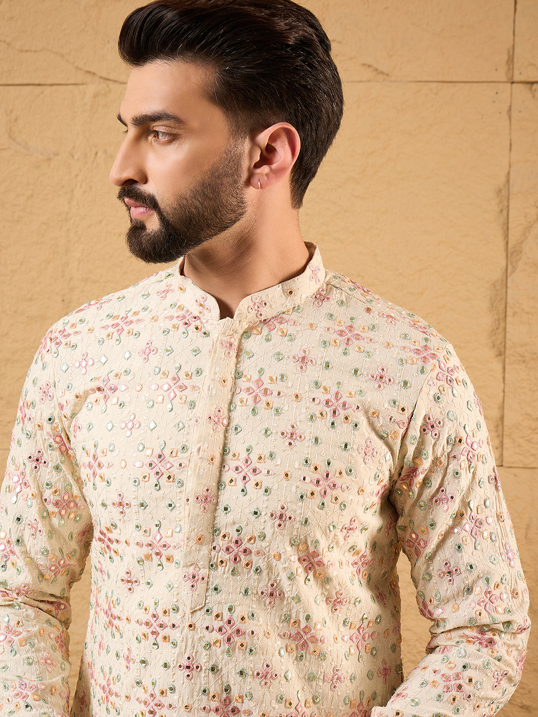 Men Off White Silk Blend Solid Embroidered Straight Kurta with Trouser-MKSET1130