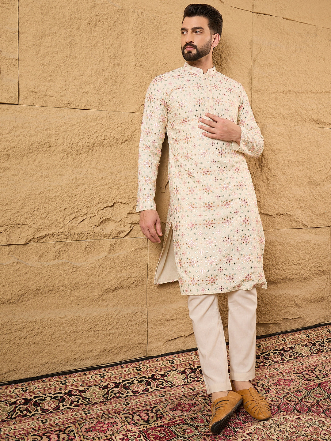 Men Off White Silk Blend Solid Embroidered Straight Kurta with Trouser-MKSET1130