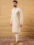 Men Off White Silk Blend Solid Embroidered Straight Kurta with Trouser-MKSET1130