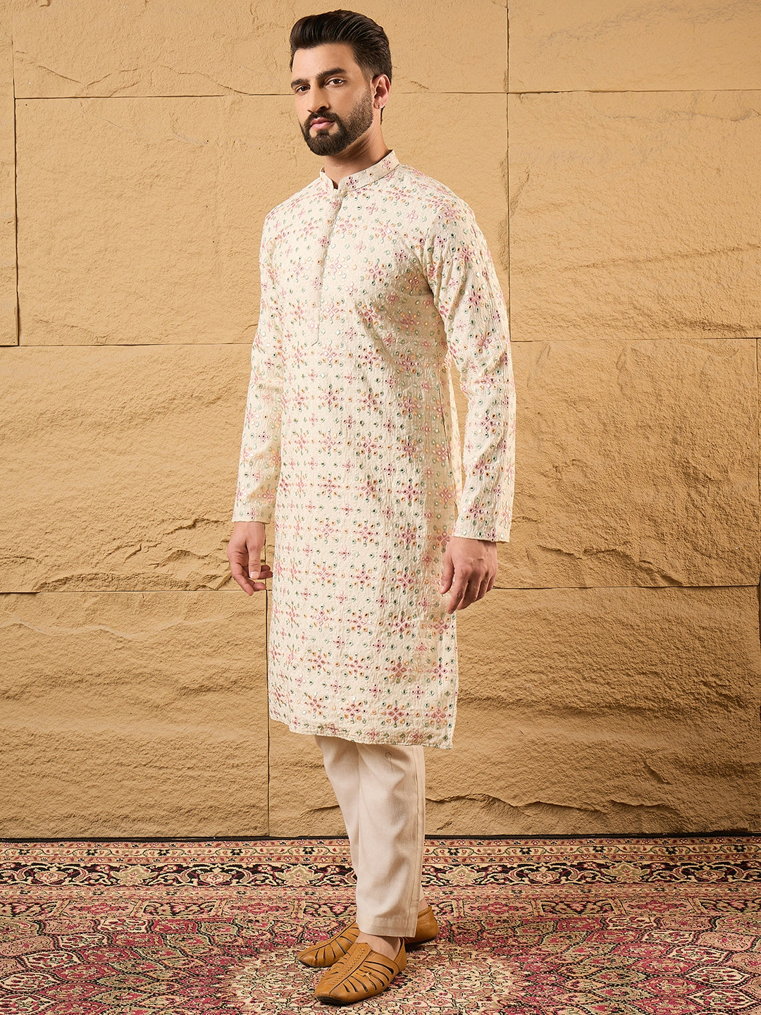 Men Off White Silk Blend Solid Embroidered Straight Kurta with Trouser-MKSET1130