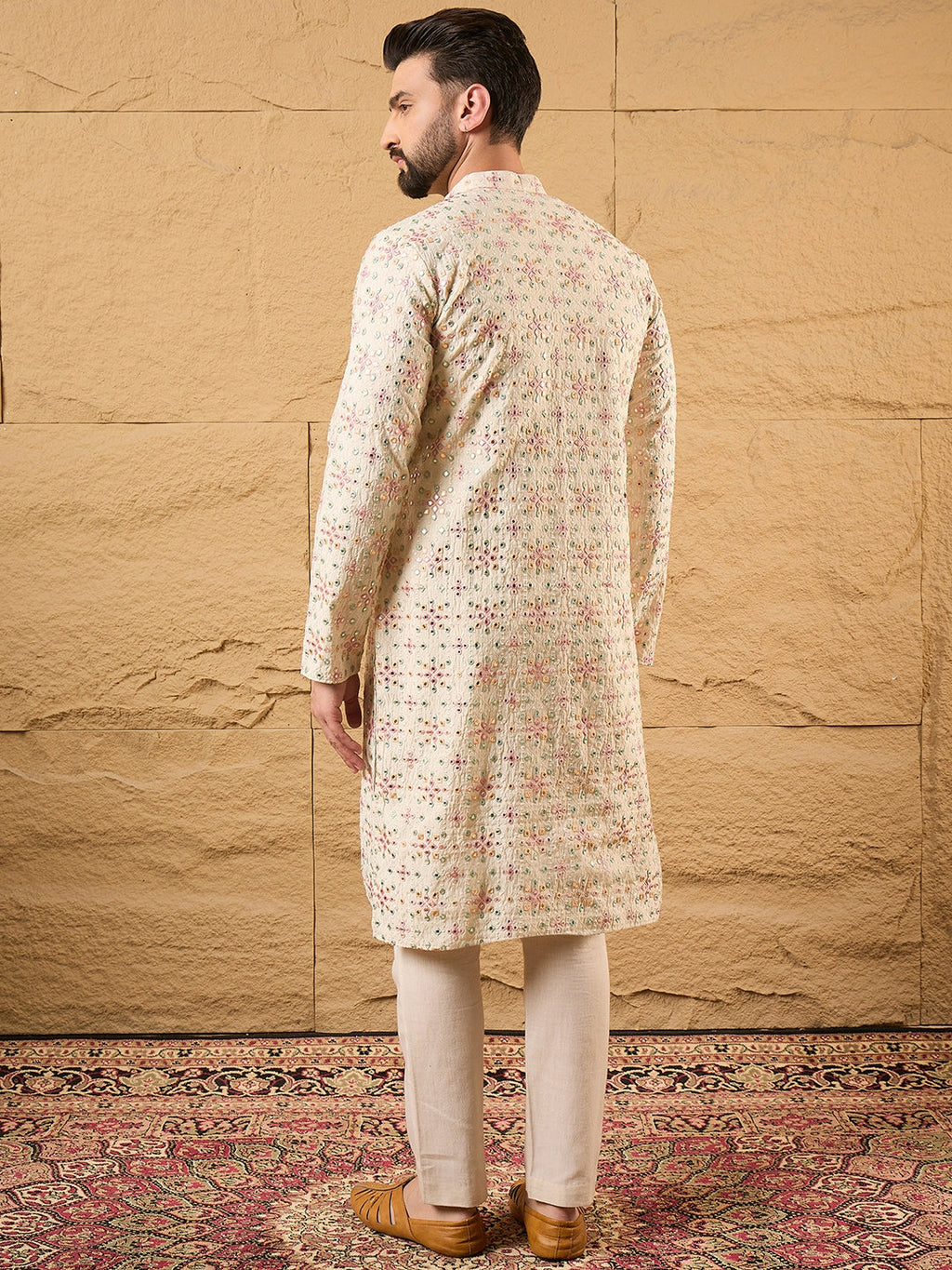 Men Off White Silk Blend Solid Embroidered Straight Kurta with Trouser-MKSET1130