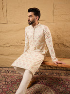 Men Off White Silk Blend Solid Embroidered Straight Kurta with Trouser-MKSET1130