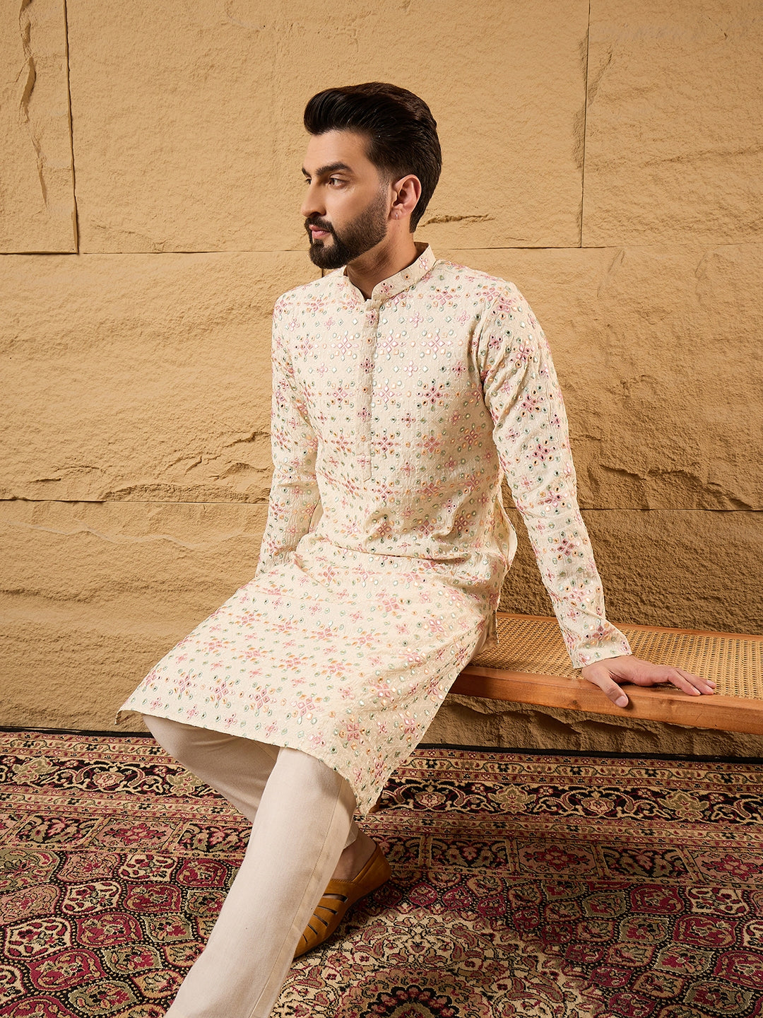 Men Off White Silk Blend Solid Embroidered Straight Kurta with Trouser-MKSET1130