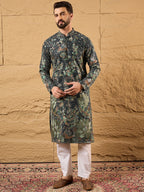 Men Green Georgette Solid Embroidered Straight Kurta with Trouser-MKSET1133