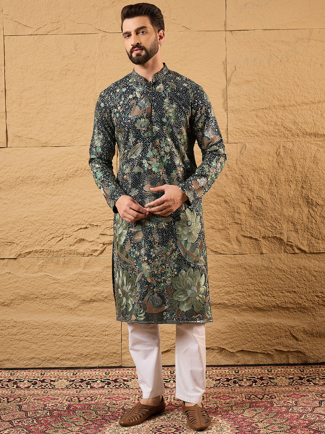 Men Green Georgette Solid Embroidered Straight Kurta with Trouser-MKSET1133