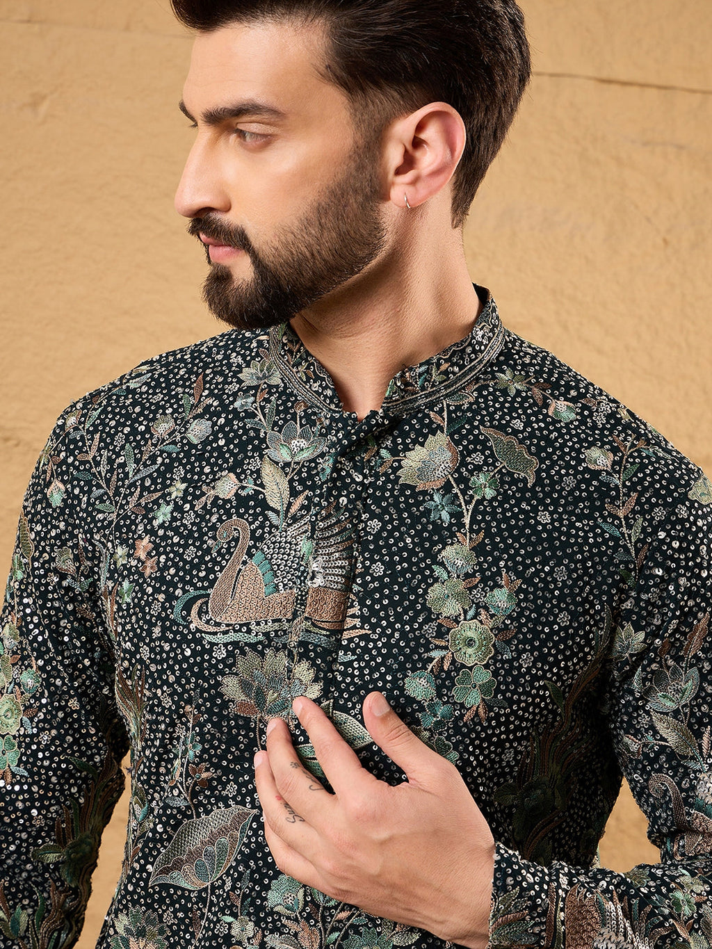 Men Green Georgette Solid Embroidered Straight Kurta with Trouser-MKSET1133