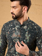 Men Green Georgette Solid Embroidered Straight Kurta with Trouser-MKSET1133