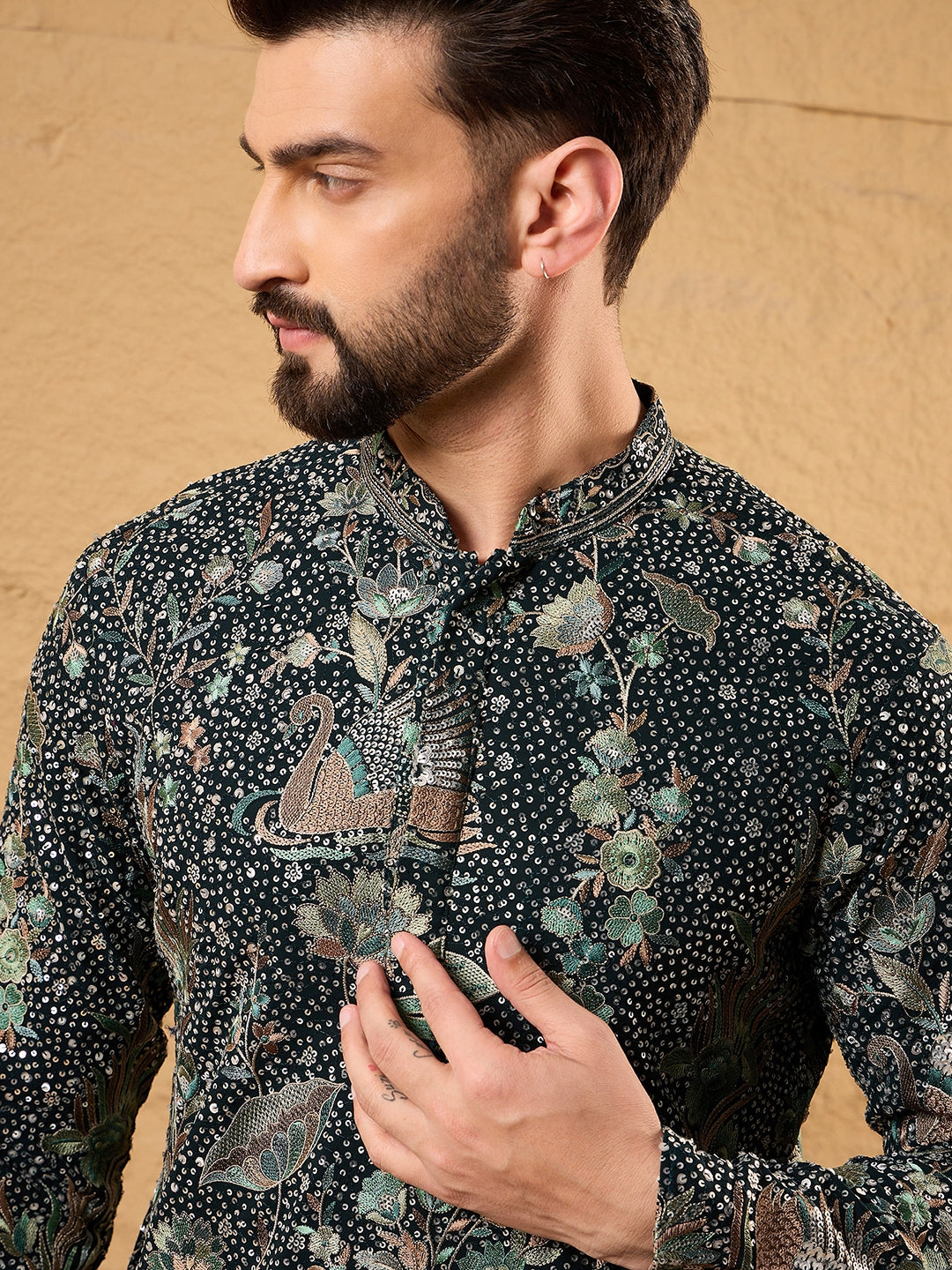 Men Green Georgette Solid Embroidered Straight Kurta with Trouser-MKSET1133