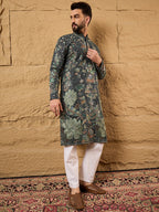 Men Green Georgette Solid Embroidered Straight Kurta with Trouser-MKSET1133