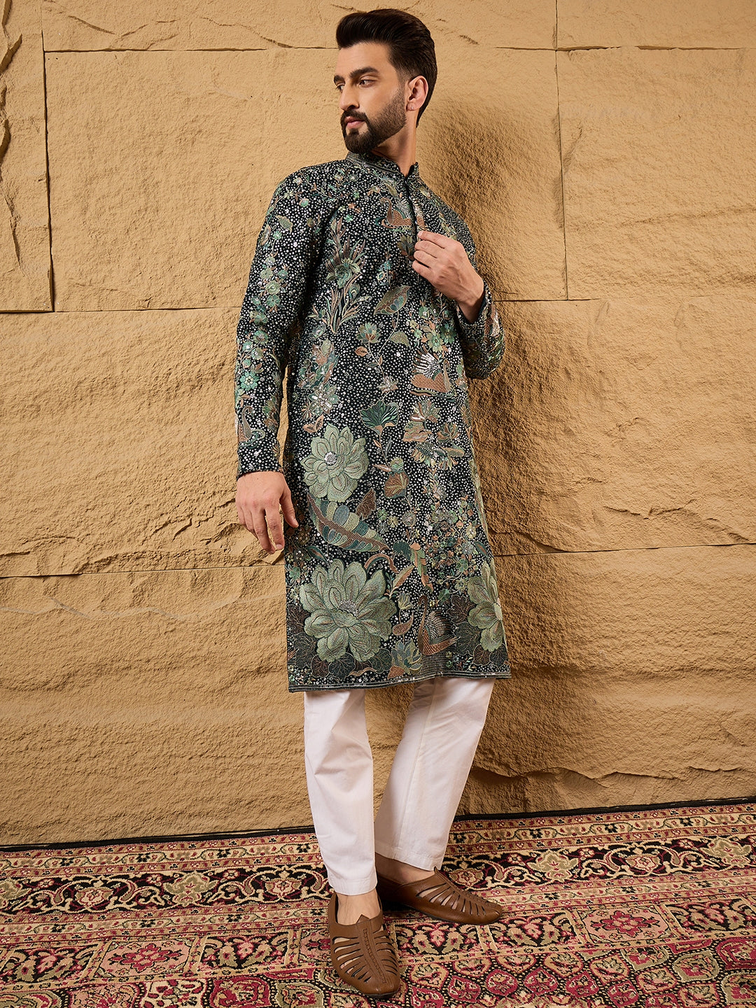 Men Green Georgette Solid Embroidered Straight Kurta with Trouser-MKSET1133