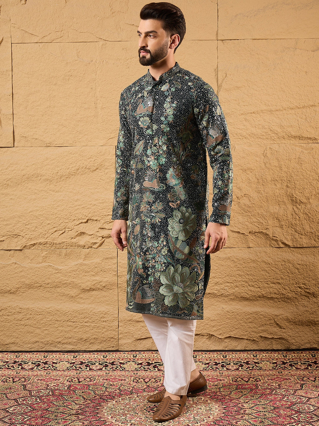 Men Green Georgette Solid Embroidered Straight Kurta with Trouser-MKSET1133
