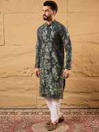 Men Green Georgette Solid Embroidered Straight Kurta with Trouser-MKSET1133