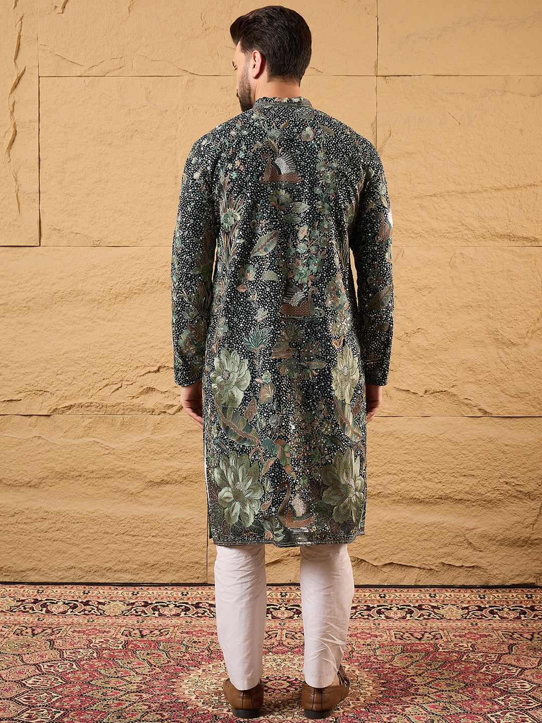 Men Green Georgette Solid Embroidered Straight Kurta with Trouser-MKSET1133