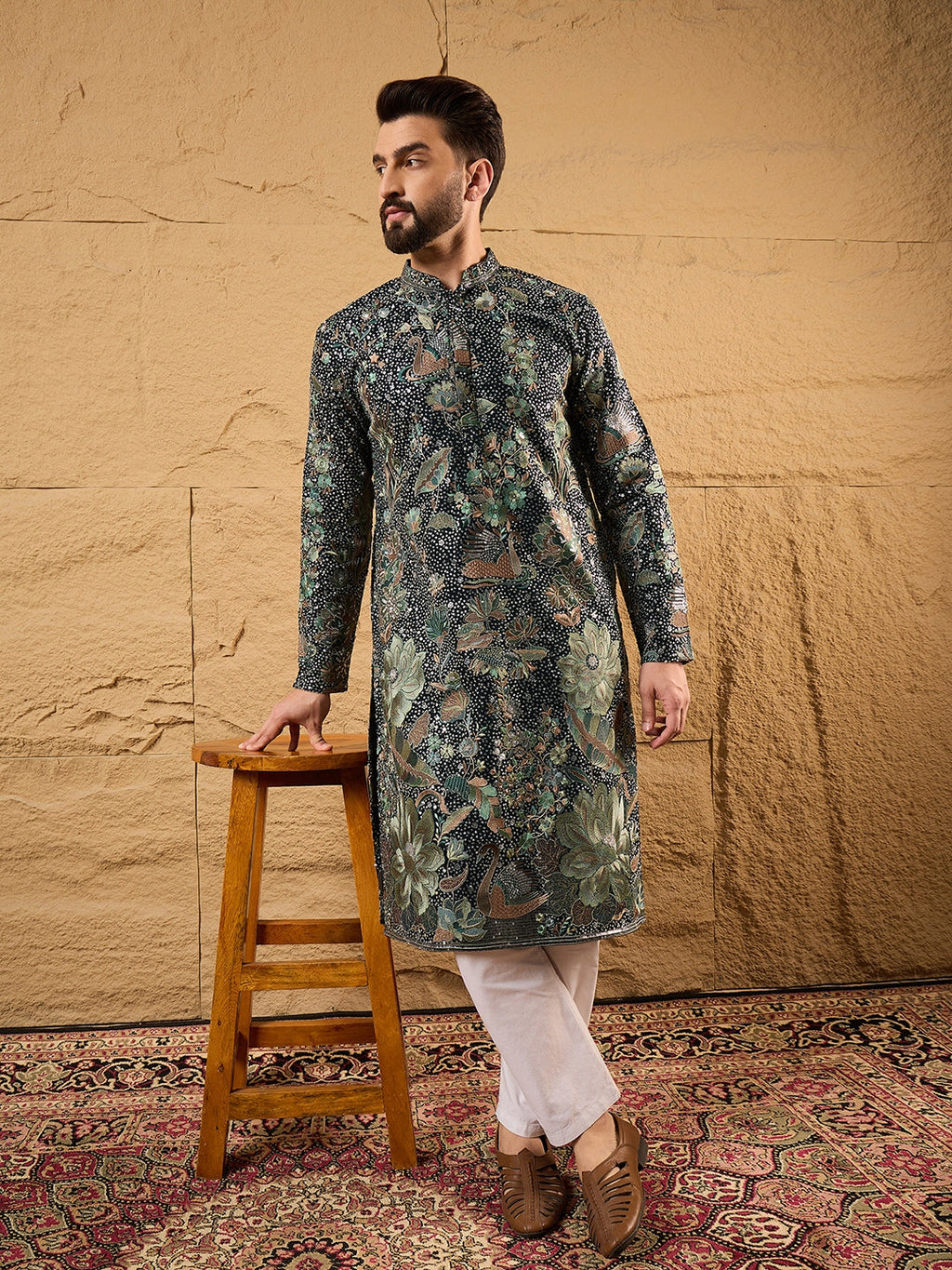 Men Green Georgette Solid Embroidered Straight Kurta with Trouser-MKSET1133