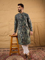 Men Green Georgette Solid Embroidered Straight Kurta with Trouser-MKSET1133