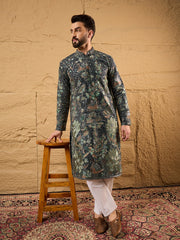 Men Green Georgette Solid Embroidered Straight Kurta with Trouser-MKSET1133