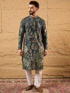 Men Green Georgette Solid Embroidered Straight Kurta with Trouser-MKSET1133