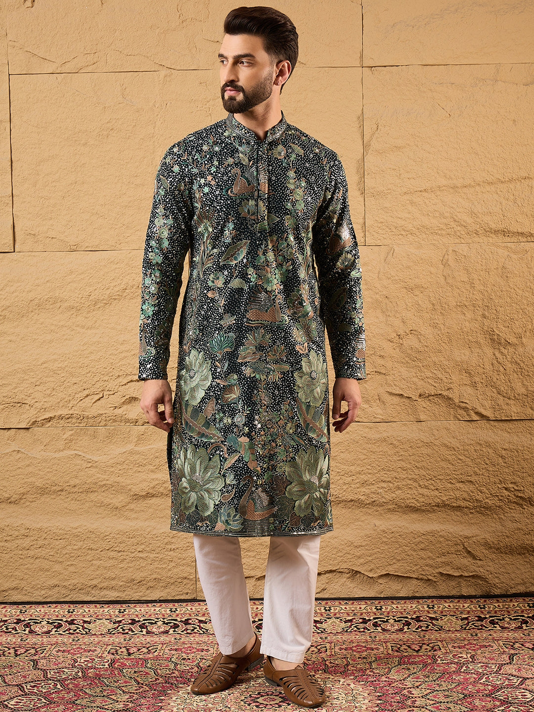 Men Green Georgette Solid Embroidered Straight Kurta with Trouser-MKSET1133