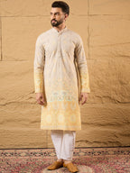 Men Yellow Viscose Rayon Ethnic Motifs Embroidered Straight Kurta with Trouser-MKSET1138