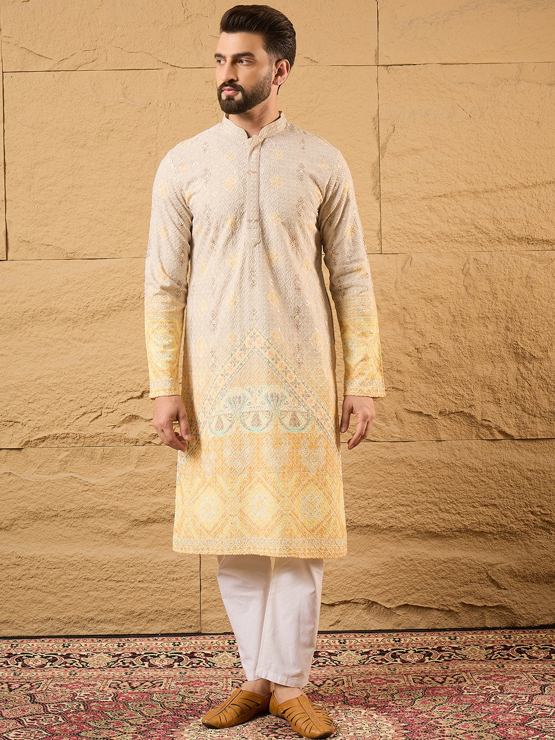 Men Yellow Viscose Rayon Ethnic Motifs Embroidered Straight Kurta with Trouser-MKSET1138