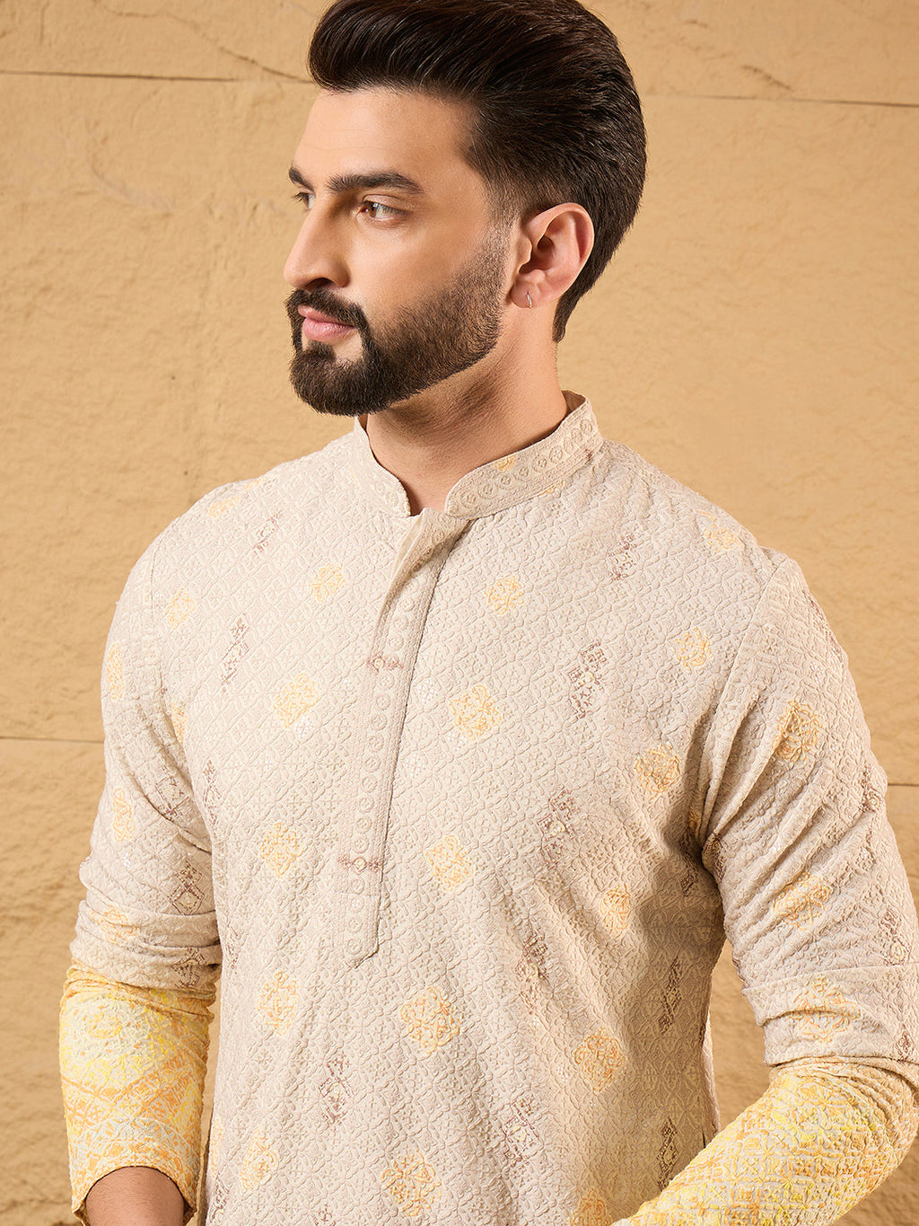 Men Yellow Viscose Rayon Ethnic Motifs Embroidered Straight Kurta with Trouser-MKSET1138