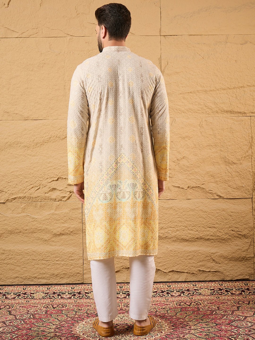 Men Yellow Viscose Rayon Ethnic Motifs Embroidered Straight Kurta with Trouser-MKSET1138