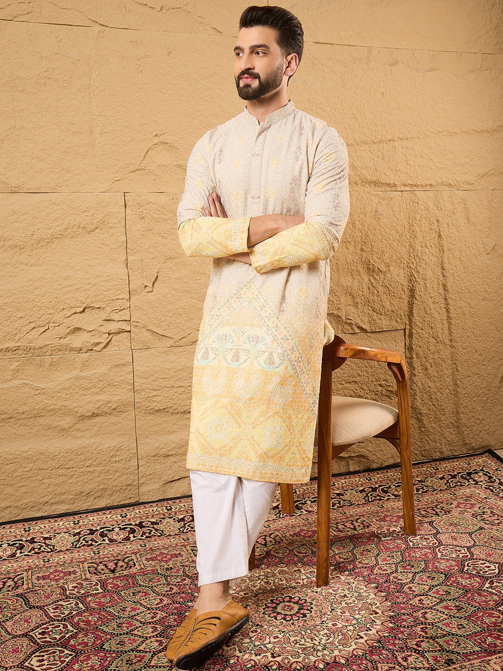 Men Yellow Viscose Rayon Ethnic Motifs Embroidered Straight Kurta with Trouser-MKSET1138