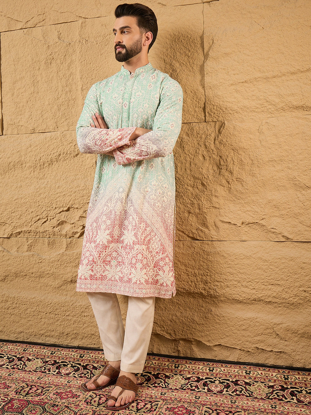 Men Teal Viscose Rayon Ethnic Motifs Embroidered Straight Kurta with Trouser-MKSET1139