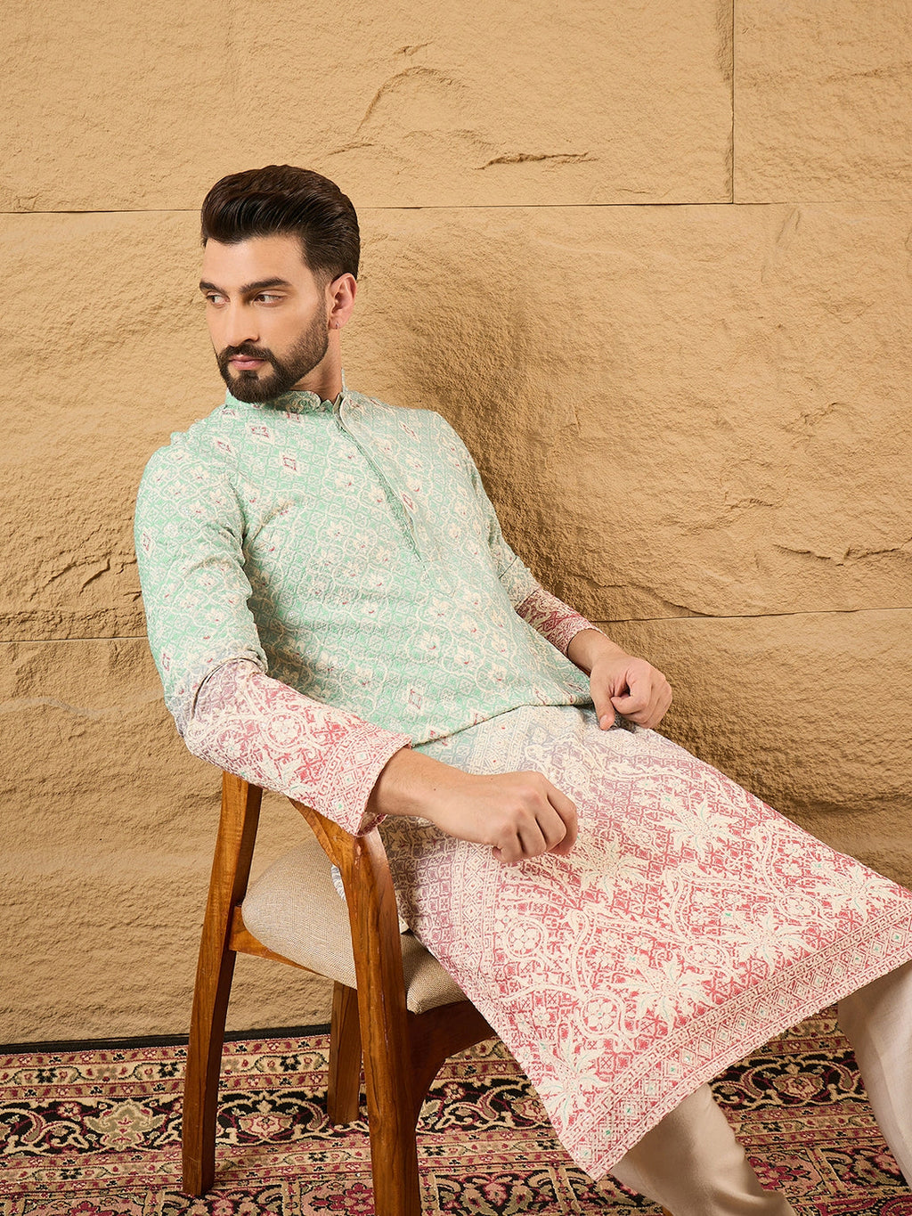 Men Teal Viscose Rayon Ethnic Motifs Embroidered Straight Kurta with Trouser-MKSET1139